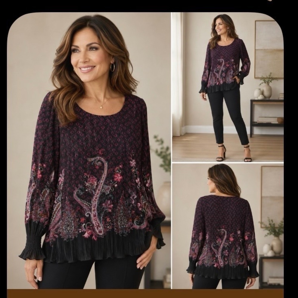 Chicos Posh Mix Crinkle Top Womens 2 Sz L Black Multi Paisley Floral Pleated NWT